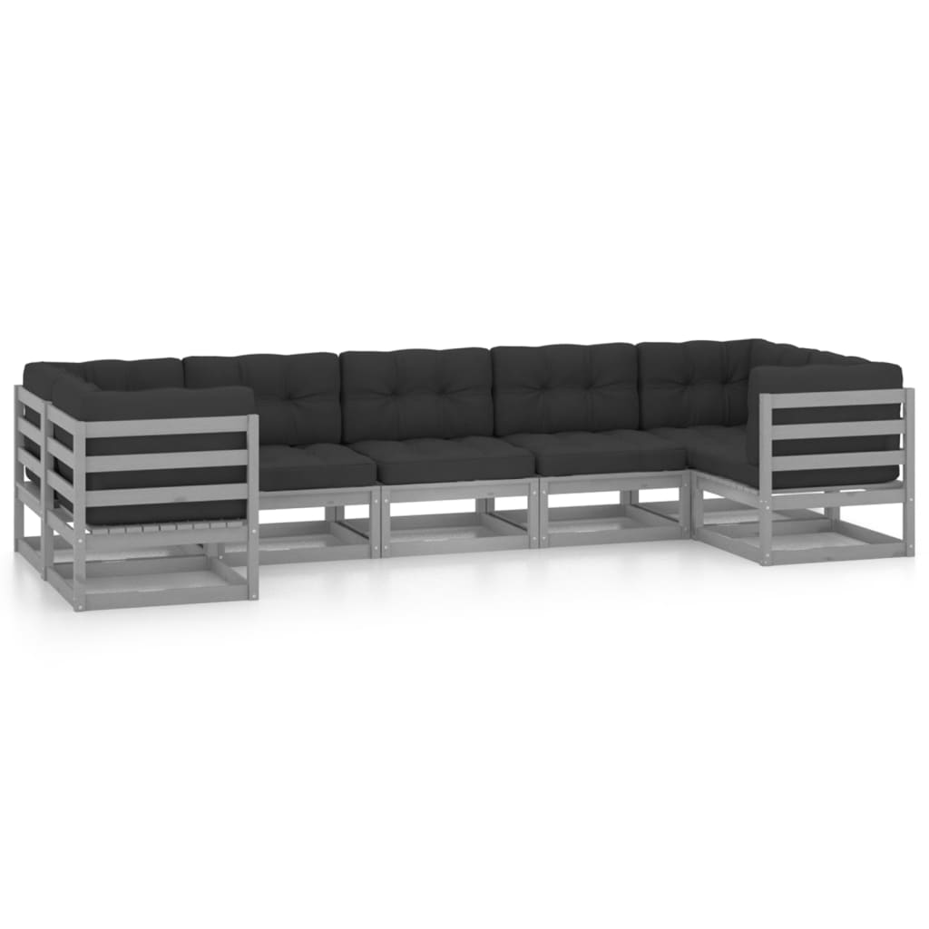 7-tlg. Garten-Lounge-Set mit Kissen Grau Kiefer Massivholz
